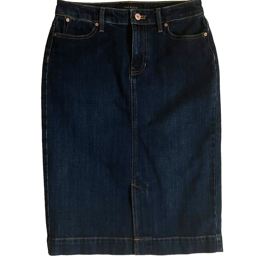 Talbots Denim Jean Pencil Skirt 2 Stretch Knee Length 5 pocket